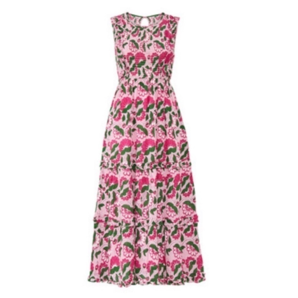 Banjanan Isha pink and green lotus maxi dress with smocking